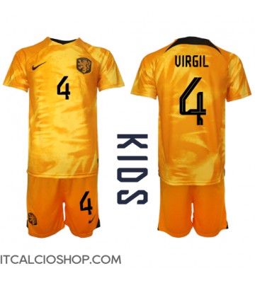 Olanda Virgil van Dijk #4 Prima Maglia Bambino Mondiali 2022 Manica Corta (+ Pantaloni corti)